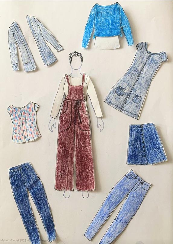 MyBodyModel Paper Dolls for Grownups outfit sketches by @sewinghjo: Plantain Tee, Burnside Bibs, Ginger Jeans by Closet Core, Rosarí Skirt by Pauline Alice, Kate Dress by Sew Me Something, Toaster Sweater by Sew House Seven, Blackwood Cardigan by Helen's Closet, Sorbetto Top by Seamwork