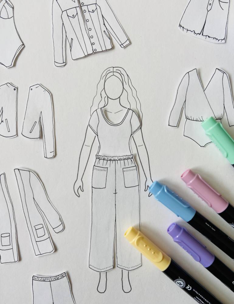 Sarah planned her fall mini capsule wardrobe paper doll style with her single croquis planning page from her printable MyBodyModel fashion sketchbook.
