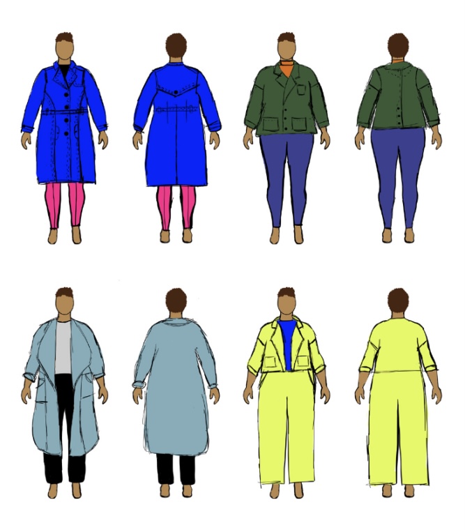 Sierra @sierraburrell used her digital body model croquis and sketched out four front and back outfit views to “try on” different silhouettes, colors, and fabrics.
