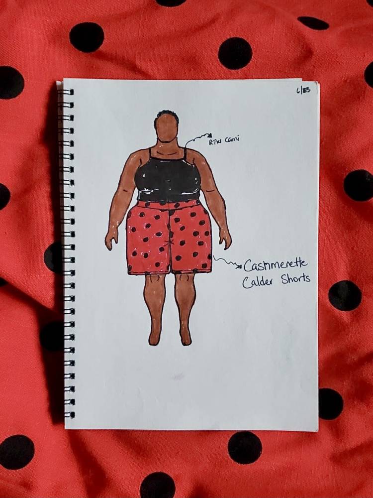 MyBodyModel croquis sketch of the Cashmerette Calder Shorts in a thrifted cotton-like red and black polka dot fabric and a black ready to wear tank top from Sandrea's fashion sketches.