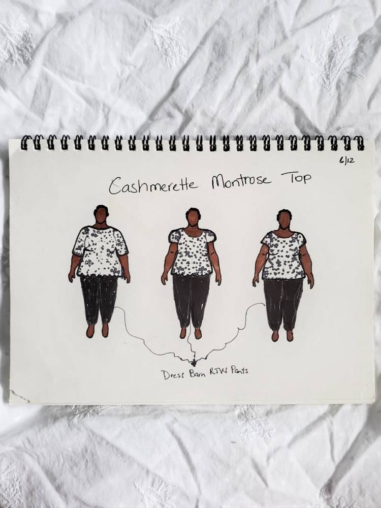 Three MyBodyModel croquis sketches of the Cashmerette Montrose Top with different sleeve options in a white embroidered Swiss Clip Dot shirting from Style Maker Fabrics from Sandrea's fashion sketches.