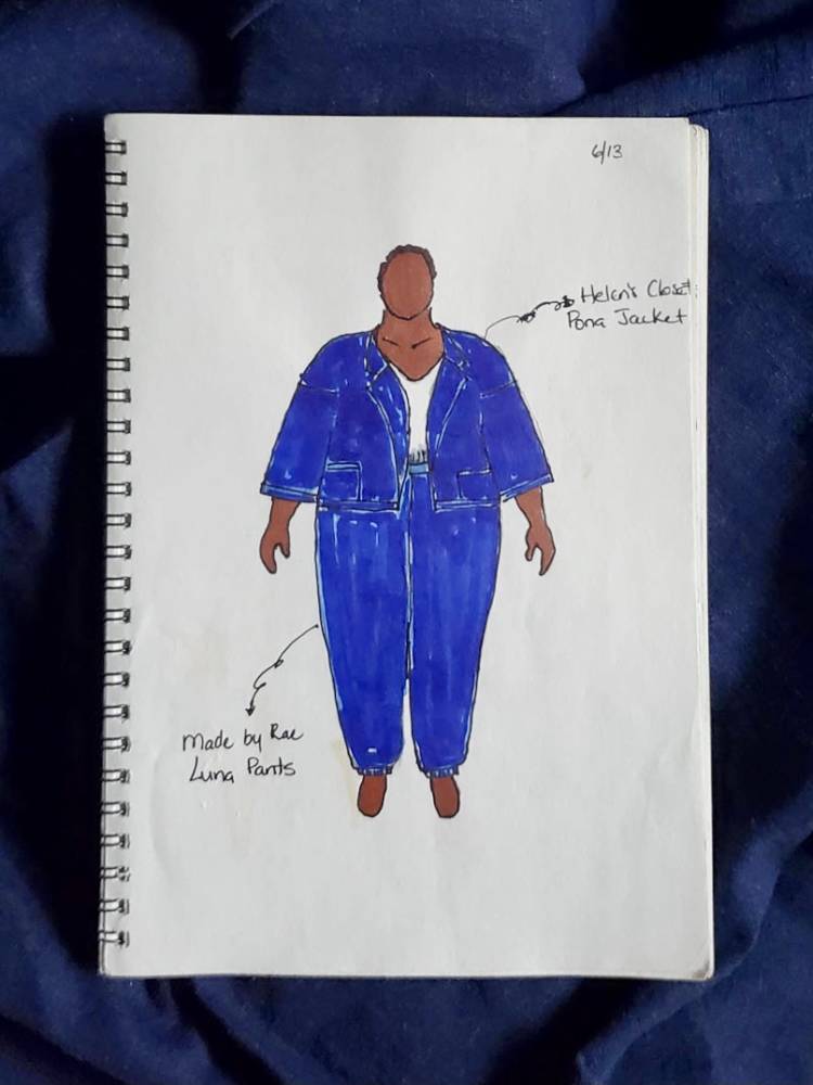MyBodyModel croquis sketch of the Helen's Closet Pona Jacket and the Made by Rae Luna Pants in blue rayon linen blend fabric from Joann's from Sandrea's fashion sketches.