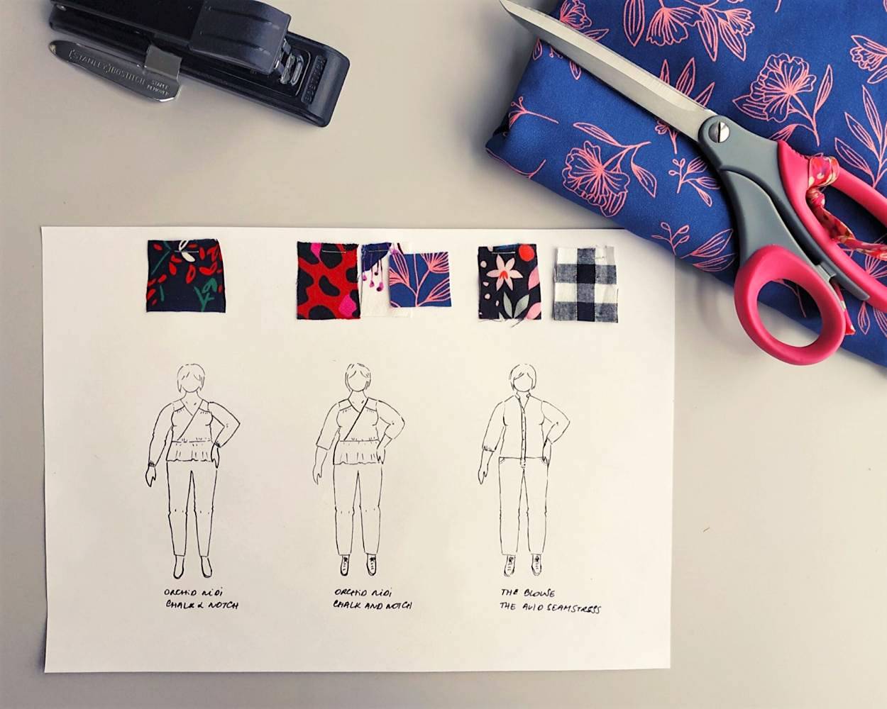 Nathalie @flowcouture.be planned to make multiple versions of a pattern and attached fabric swatches to visualize her makes using the 3 model page from her printable MyBodyModel fashion sketchbook.