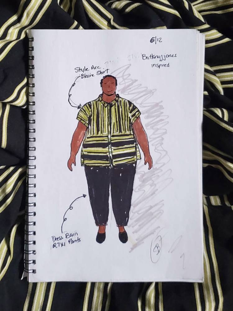 MyBodyModel croquis sketch of the Style Arc Blaire Shirt in Vangogh Print Stripes Black from Melanated Fabrics and black ready to wear pants from Sandrea's fashion sketches, inspired by a @brittanyjjones look.