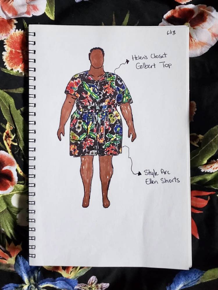 MyBodyModel croquis sketch of the Helen's Closet Gilbert Top and the Style Arc Ellen Shorts in Tropical Print fabric from Joann's from Sandrea's fashion sketches.
