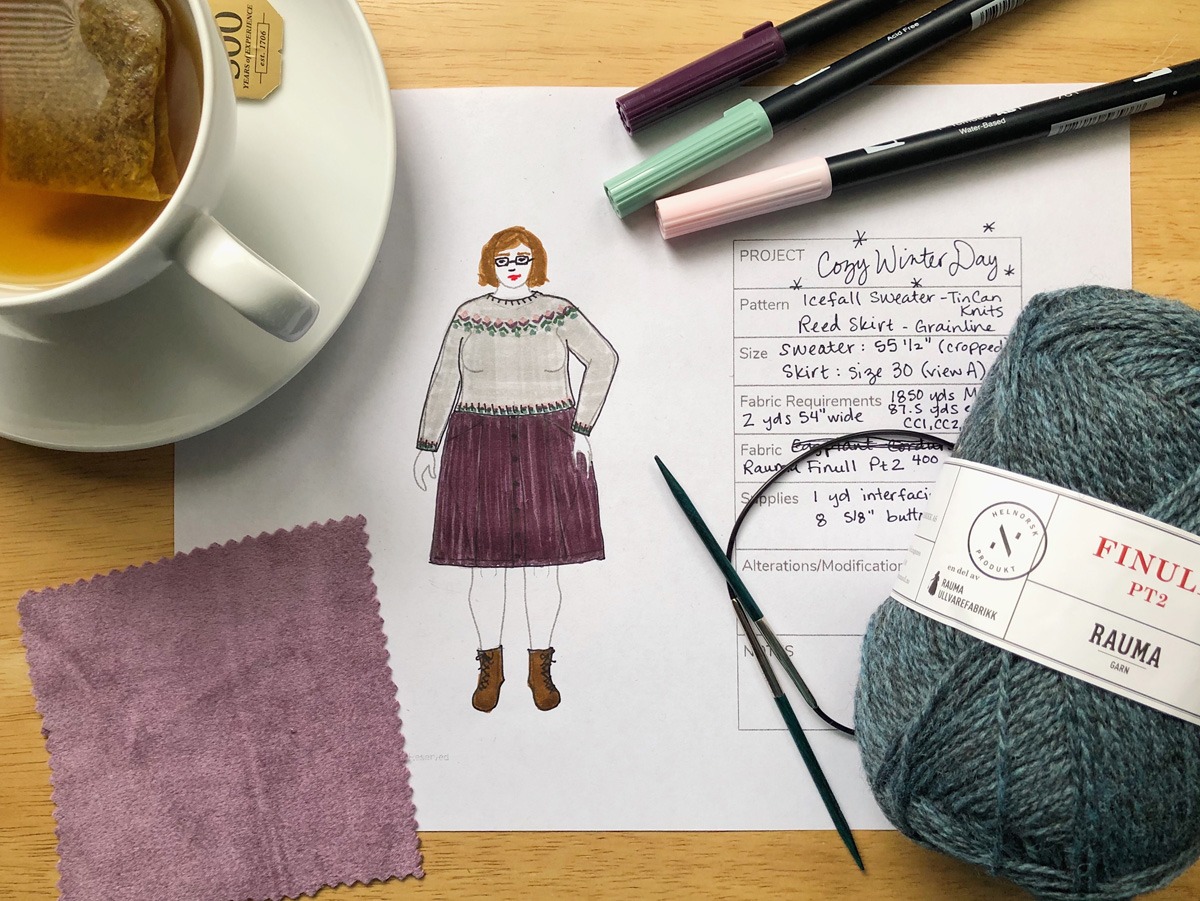 Whitney @whitneygetsdressed used her Project Planner page featuring the front view of her hand-on-hip croquis to draw her knitting plans for a cozy winter sweater and skirt.