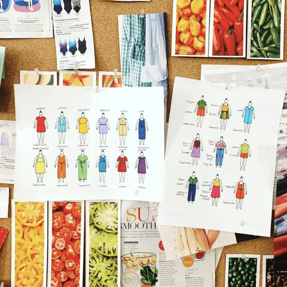 Erica @etesla used both her 9-models and 12-models pages from her printable MyBodyModel fashion sketchbook to get her wardrobe makes up on to her colorful moodboard!