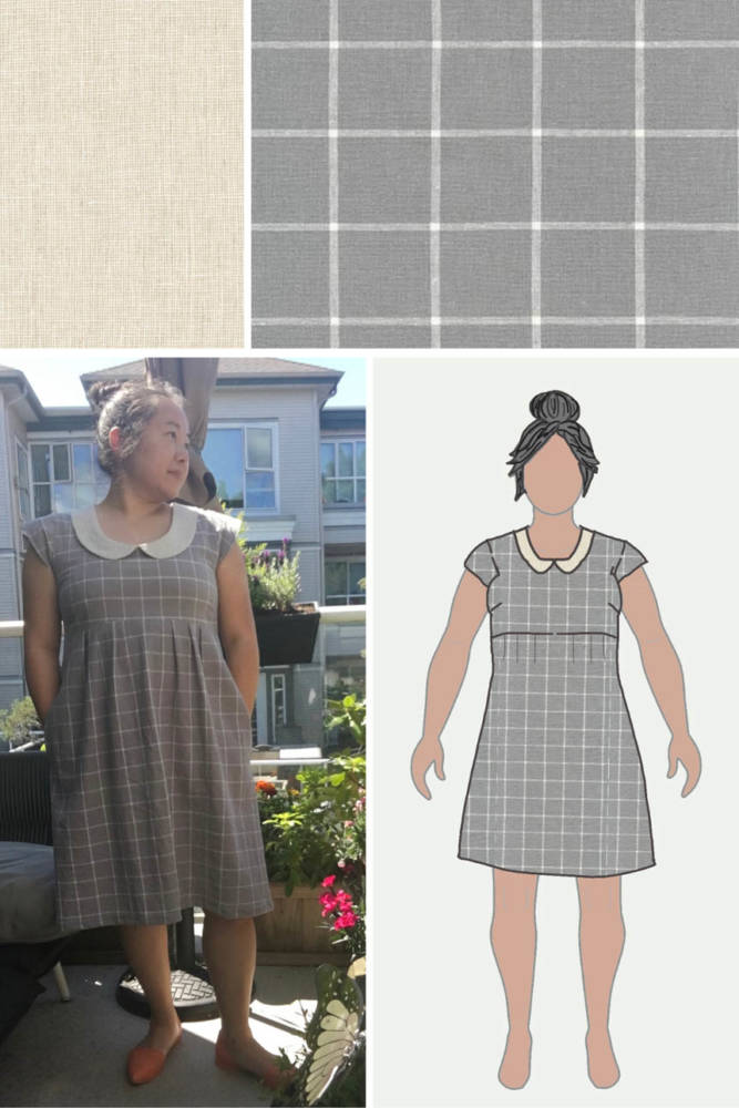 Reiko's Made by Rae Trillium dress expansion in windowpane Essex and peter pan collar detail in limestone Essex linen cotton, from MyBodyModel fashion sketch to finished make!