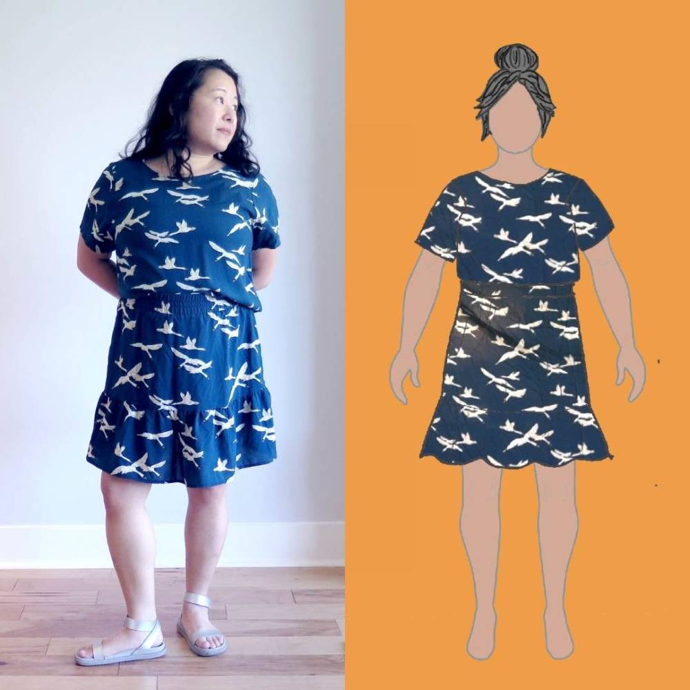 Reiko's Cielo top + Mave skirt set, from MyBodyModel sketch to finished make! Cielo Top by Closet Core with Mave Skirt by True Bias with the ruffle option.  Fabric is Lady McElroy Viscose Challis Lawn in Cygnus Return Navy.