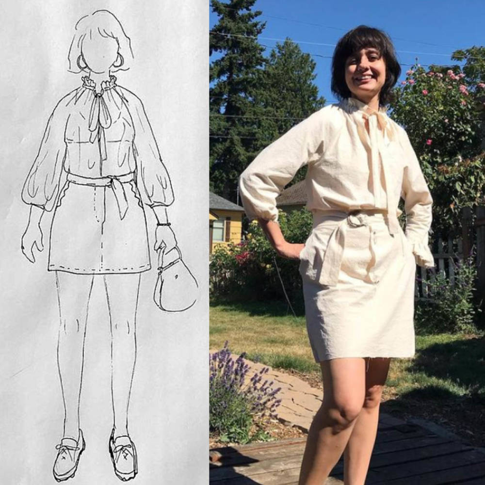 Amanda's sketching process also includes making a toile out of muslin to visualize proportions. Here is a side by side image of a MyBodyModel sketch and Amanda wearing a toile of a Wilder Blouse and a skirt version of the Varma shorts by Named Clothing.