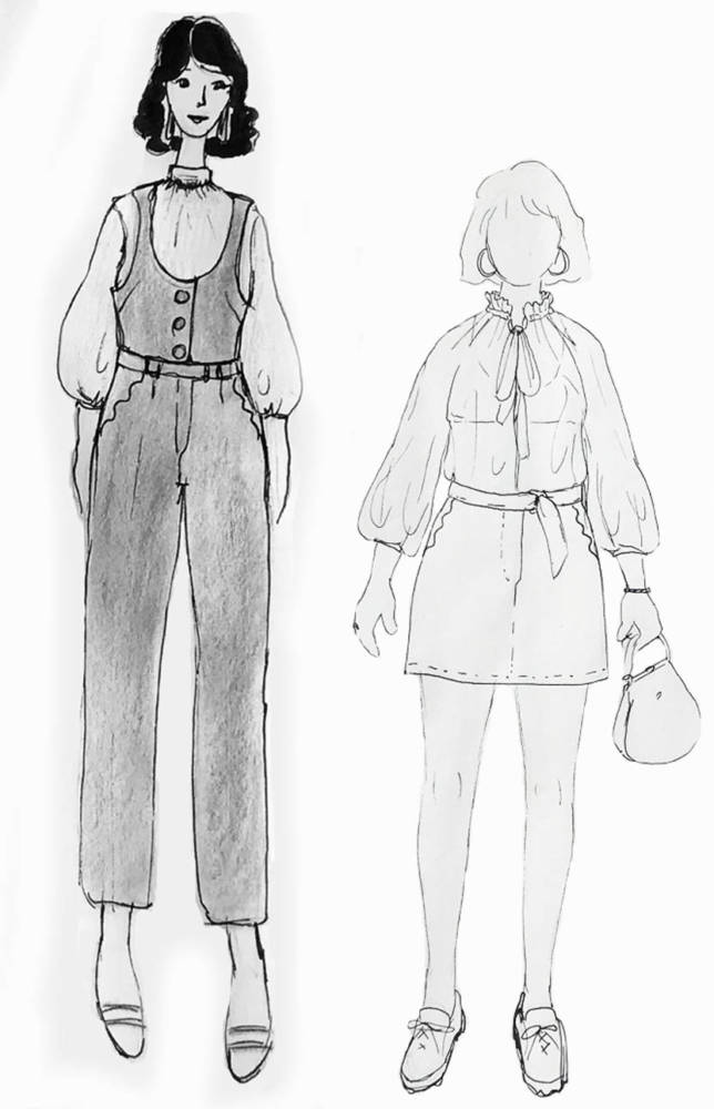 On the left is one of Amanda's fashion sketches of a long sleeved shirt jumpsuit combo on a traditional 9-head fashion croquis, and on the right is a sketch of a blouse and short skirt on her MyBodyModel croquis made to Amanda's actual measurements.