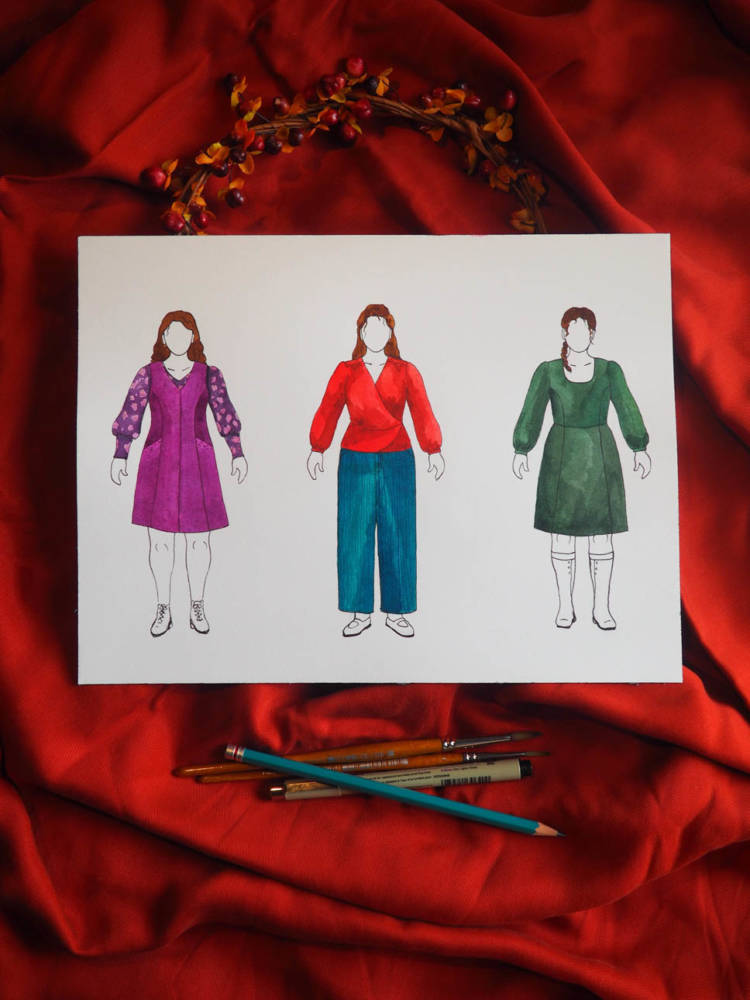 My fall 2021 sewing plans! Mulberry velveteen pinafore, dark floral knit top, burnt orange wrap top, teal corduroy wide-leg pants, and dark green linen dress. 