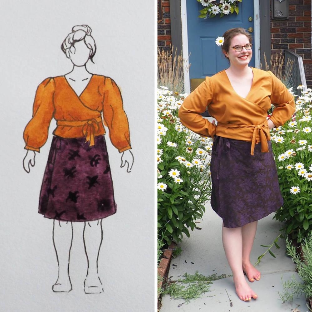 Peppermint Wrap Top in ochre tencel twill and Laura Wrap Skirt from Seamwork in burgundy jacquard voile - from MyBodyModel fashion sketch to finished outfit! 