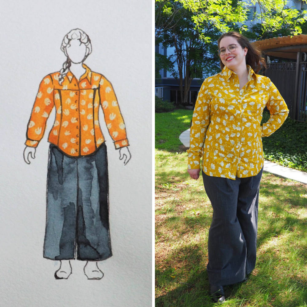 From MyBodyModel fashion sketch to finished outfit! Marett Pants from Seamwork in pinstripe suiting and Vogue 8689 button blouse in mustard  floral tulip print corduroy from Miss Matatabi Fabric.
