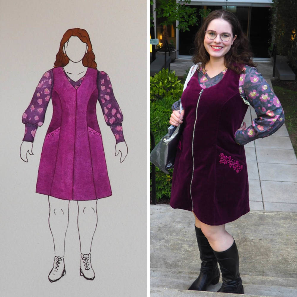 From MyBodyModel sketch to finished! Mulberry velveteen pinafore made with the Peppermint Button-up Dress pattern modified for an exposed zipper closure and embroidered pockets, layered over a Vera Top in dark floral print knit.
