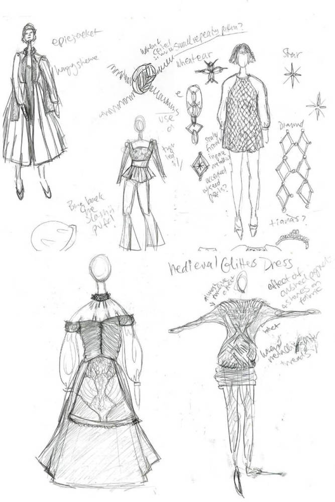 Amanda's old sketches, such as these five fantastical designs based on historical costumes, were sketched on the nine-head exaggerated fashion figures she learned about in workshop about the fashion sketching process.