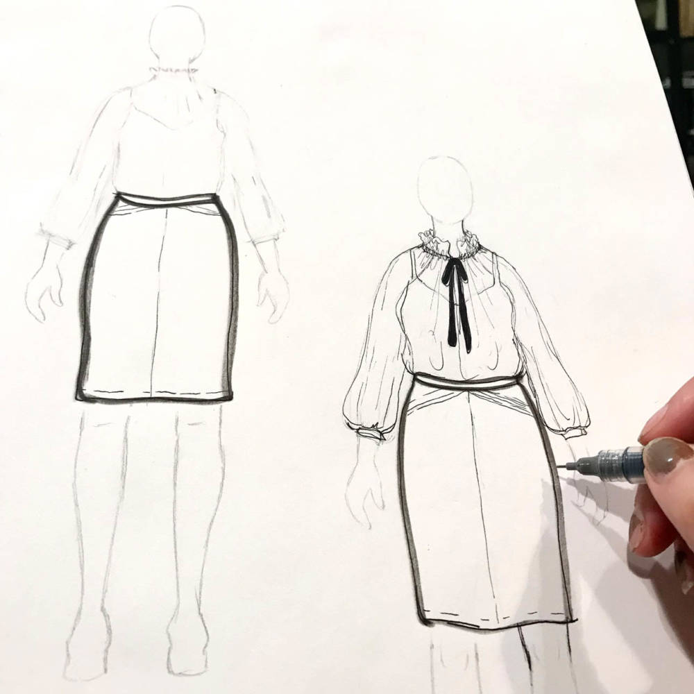 Amanda is sketching an idea for the Wilder gown top by Friday pattern company with a vintage leather skirt from her closet following her MyBodyModel croquis sketching process.