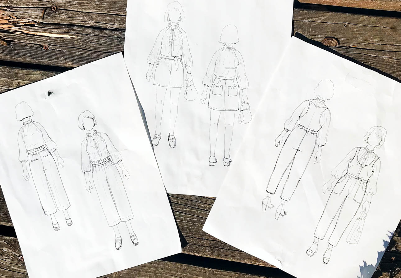 Three of Amanda's drawings on her MyBodyModel croquis showing her experimentation with the front and back views of different styling variations on the Wilder blouse and a few hacked designs from Building the Pattern by Named Clothing.