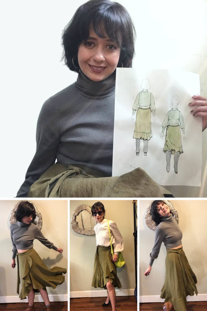 Amanda is pictured with her front and back MyBodyModel croquis sketches of a green Frankie skirt and matching green sweater from her closet alongside three shots of her finished make.