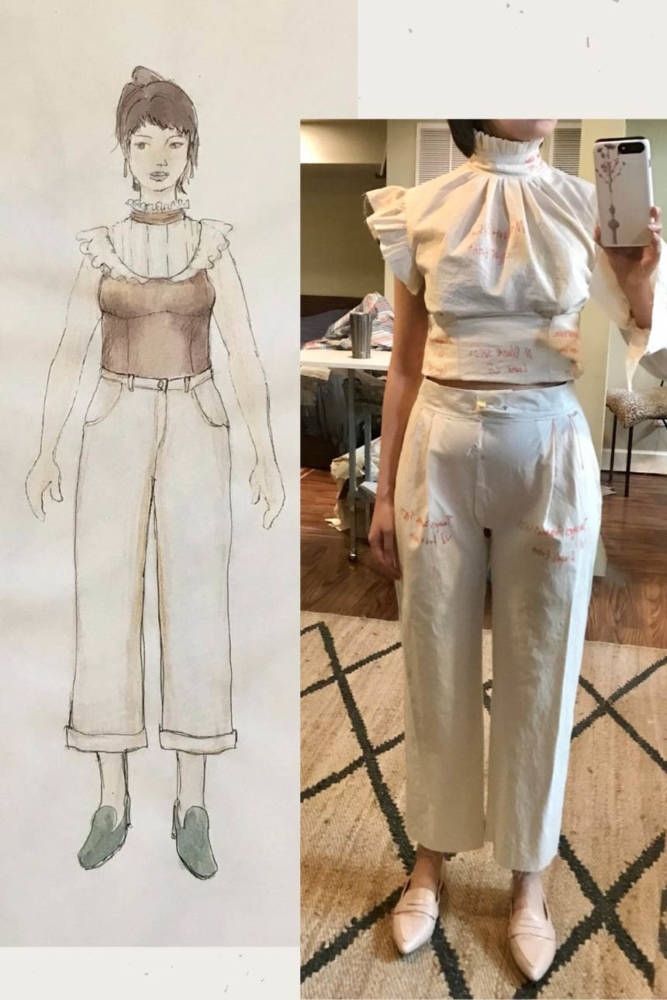 Amanda's sketching process also includes making a muslin toile to visualize proportions. Here is a side by side image of her MyBodyModel sketch and Amanda wearing a toile of the Rita Blouse from Charm Patterns and the Yarrow Dress from Mood Fabrics with the Tatjana trousers from Just Patterns.