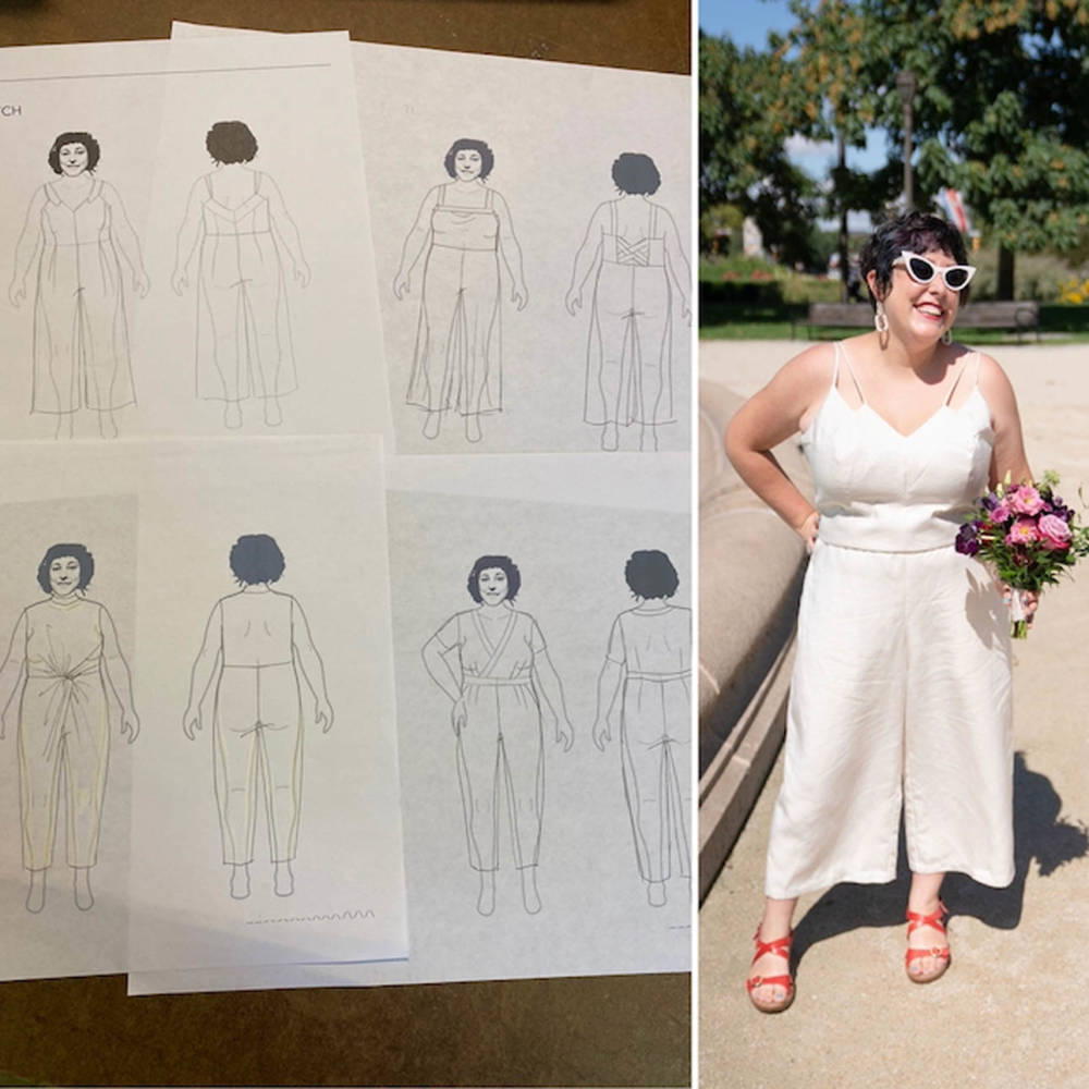 Four potential wedding jumpsuit sketches are positioned next to a photo of Ruby in her final wedding jumpsuit make: white wide-leg pants and a shiny, angular bodice with double spaghetti straps on each shoulder. 