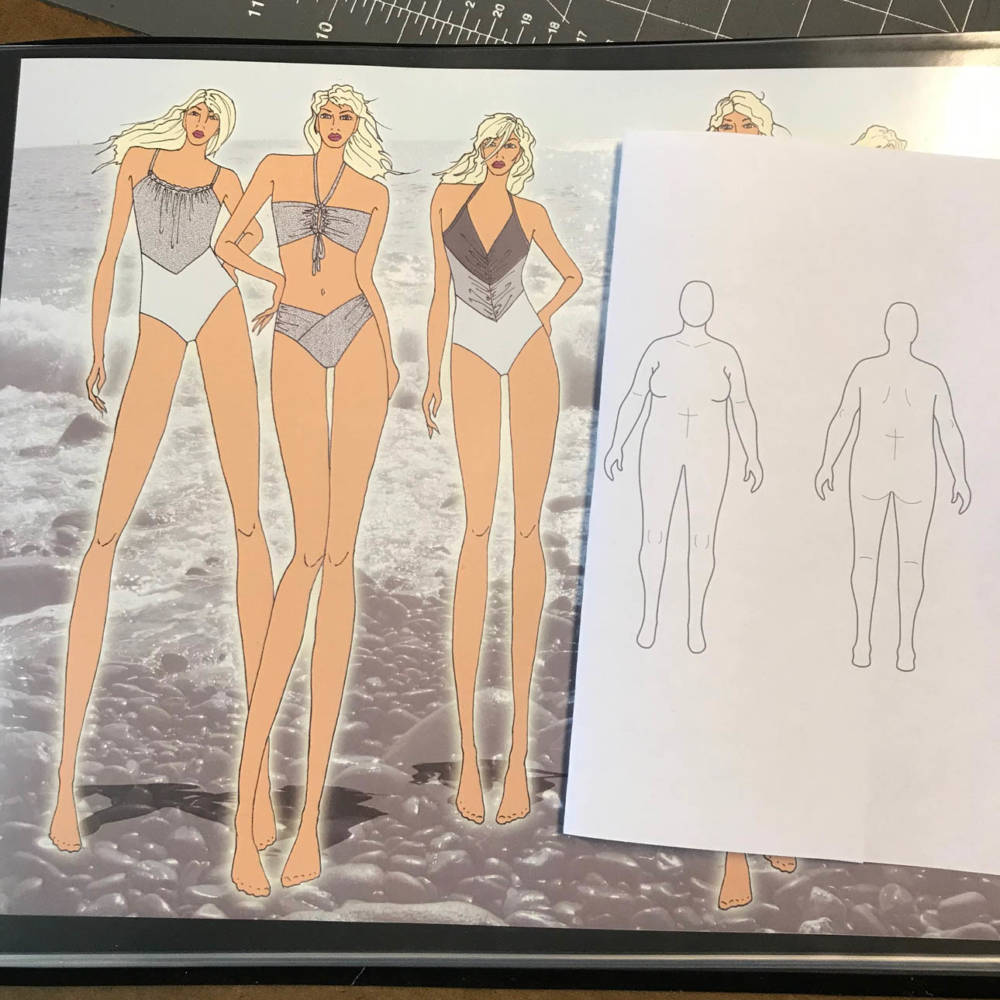 Fashion illustration sketches of fantastically tall figures in bathing suits are positioned next to Ruby’s MyBodyModel croquis figure, which is proportionally accurate and about half the height of the illustrated figures.