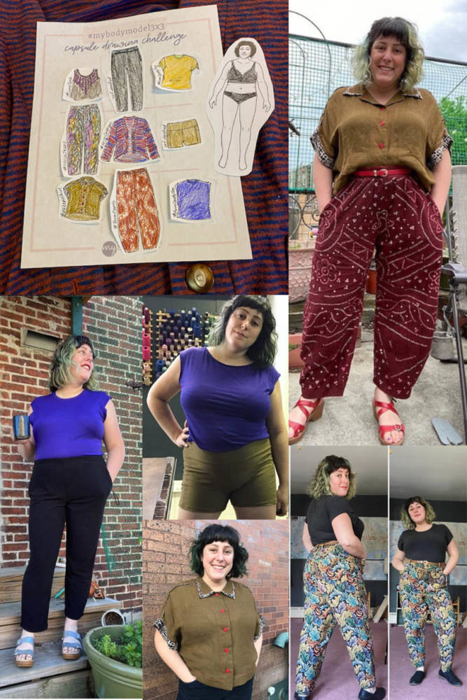 A #sketch2finish collage of Ruby's  capsule wardrobe challenge designs and photos of Ruby posing in her new handmade wardrobe garments.