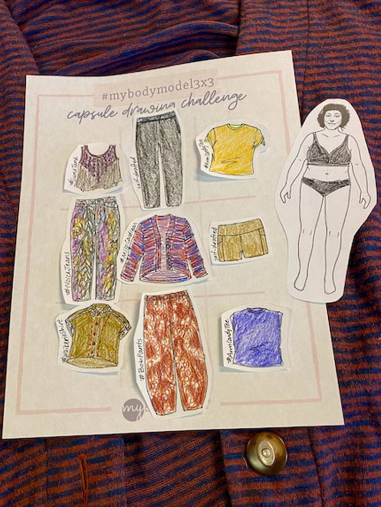 Nine illustrated handmade wardrobe garment cutouts are placed in the squares of the #MyBodyModel3x3 Capsule template, sketches by indie pattern designer Ruby at Spokes & Stitches.