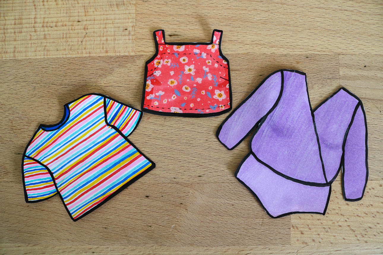 Paper doll style sketches of the Just Patterns Tyra Tee, Helen’s Closet Reynolds Top, Seamwork Angela Bodysuit