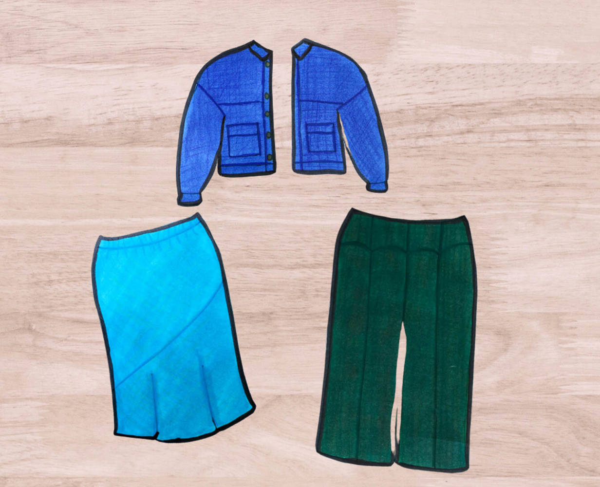Paper doll style sketches of the Lesper Lines Midway Jacket, Seamwork Dezi Skirt, Workhorse Patterns Hazel Pants.
