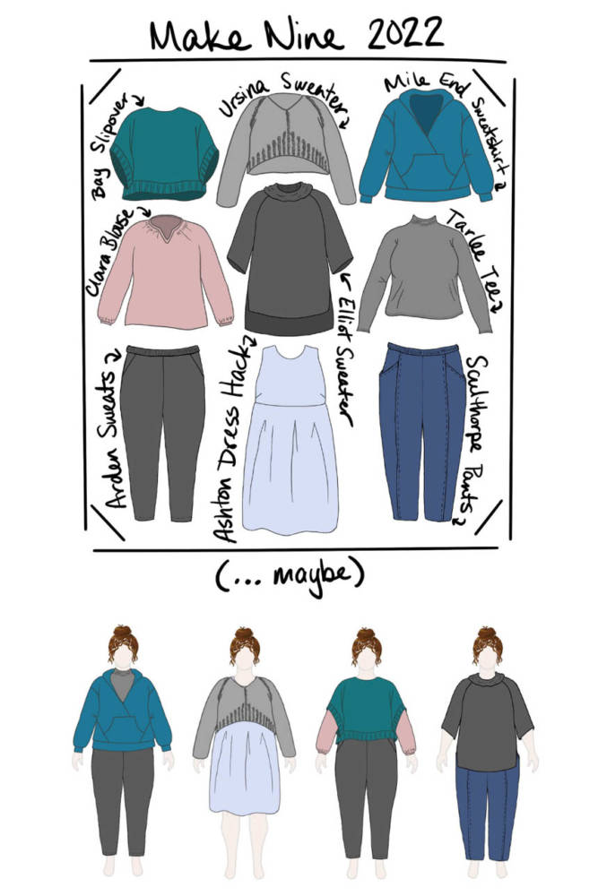 Emma’s Make Nine challenge wardrobe ideas: The Bay Slipover by Jacqueline Cieslak, the Ursina Sweater by Jacqueline Cieslak, the Mile End Sweatshirt by Closet Core, the Clara Blouse by Fabrics Store, the Elliot Sweater by Helen’s Closet, the Tarlee Tee by Muna and Broad, the Arden Pants by Helen’s Closet, the Ashton Top dress hack by Helen’s Closet, and the Sculthorpe Pants by Muna and Broad.