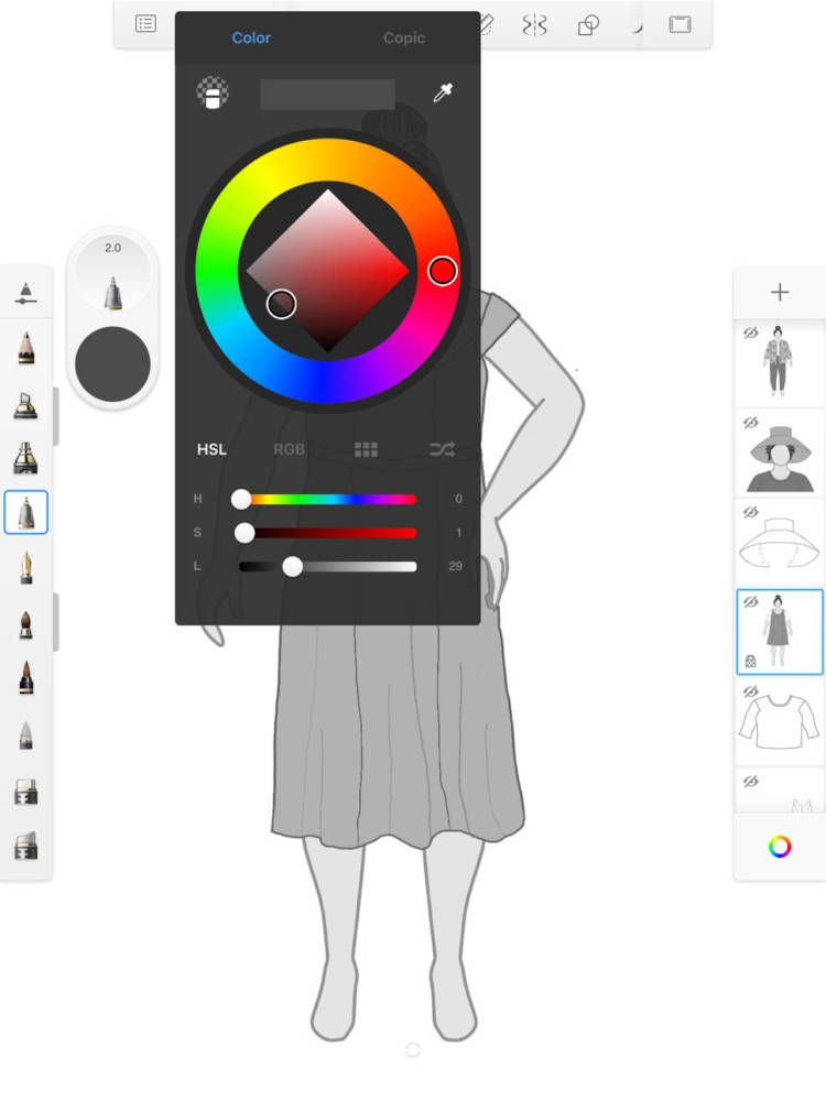 Reiko adjusts the lightness of a selected color on a grayscale sketch of the Upton Dress by Cashmerette that Reiko drew on her MyBodyModel croquis in the Autodesk Sketchbook app on her iPad.
