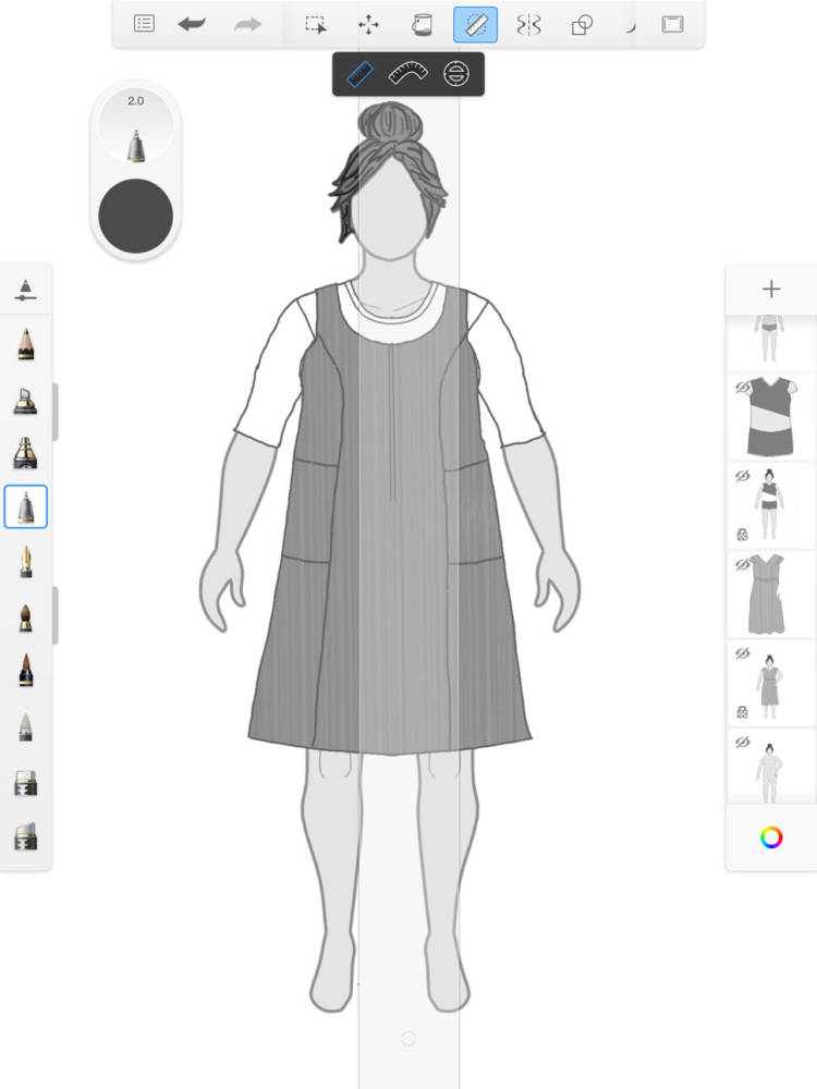 Reiko uses the ruler tool in the Autodesk Sketchbook app on her iPad to draw lines simulating corduroy on a grayscale sketch of the Georgie Pinafore by Jennifer Lauren Handmade that Reiko drew on her MyBodyModel croquis.