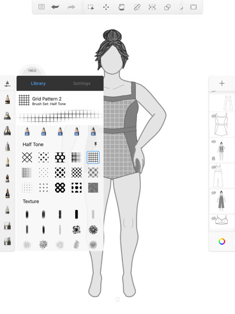 Reiko uses the pattern library in the Autodesk Sketchbook app on her iPad to select a "half-tone" pattern brush to use on a grayscale sketch of the Ipswich Swimsuit by Cashmerette that Reiko drew on her MyBodyModel croquis.
