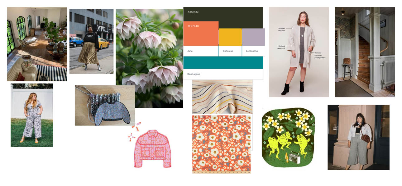 Amanda's spring mood board with images of interiors, color and fabric swatches, clothing and floral inspiration for her sewing and knitting projects.