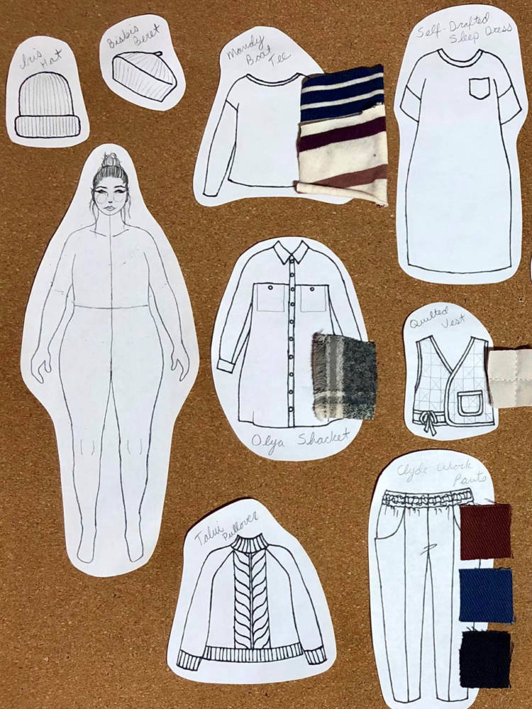 A sample of Sarah's seasonal sewing & knitting corkboard with fabric swatches and paper cutouts and drawings of her MyBodyModel croquis and wardrobe plans.