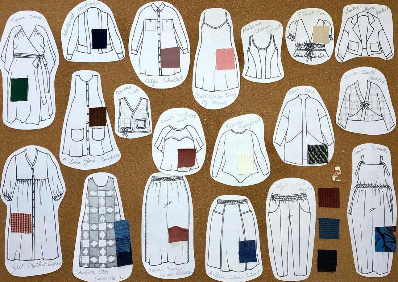 Sarah's seasonal sewing & knitting corkboard with fabric swatches and paper drawings of her Fall 2021 wardrobe plans, sketched with her MyBodyModel croquis.