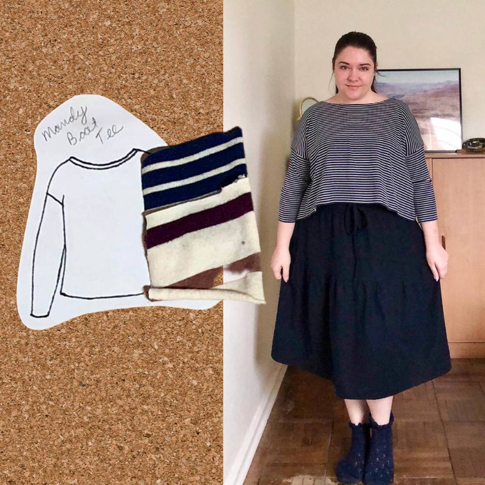 A sketch to finish comparison of a Tessuti Fabrics Mandy Boat Tee drawing and striped fabric swatch from Sarah's seasonal sewing and knitting corkboard and a photo of Sarah in the finished make. Sarah sketched her plans using her personal croquis from MyBodyModel.