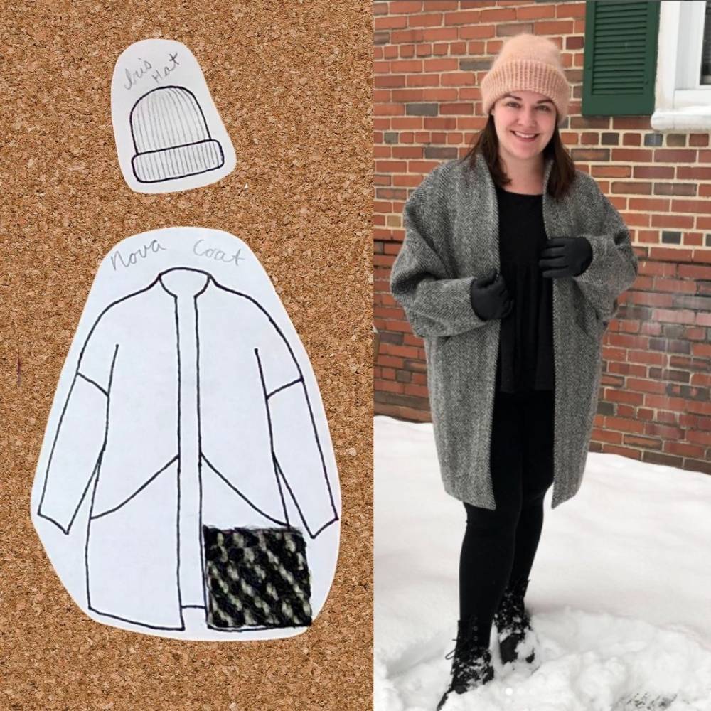 A sketch to finish comparison of a drawing of the Sari Norlund Iris Hat and the Papercut Patterns Nova Coat and black and gray fabric swatch from Sarah's seasonal sewing and knitting corkboard and a photo of Sarah in the finished make. Sarah sketched her plans using her personal croquis from MyBodyModel.