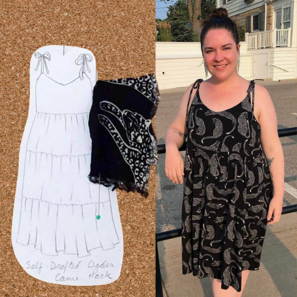 A sketch to finish comparison of a True Bias Ogden Cami dress hack drawing and a black and white printed fabric swatch from Sarah's seasonal sewing and knitting corkboard and a photo of Sarah in the finished make. Sarah sketched her plans using her personal croquis from MyBodyModel.
