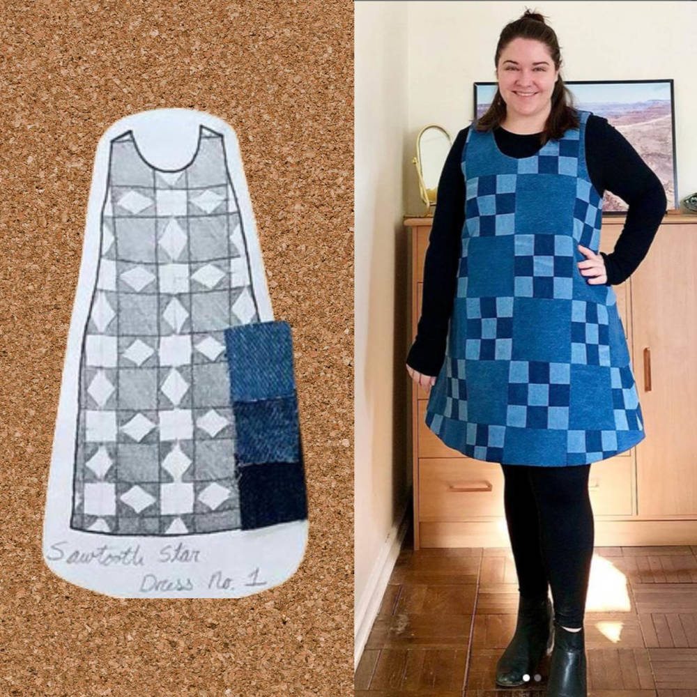 A sketch to finish comparison of a drawing of a patchwork mashup of the Helen's Closet Ashton Top and 100 Acts of Sewing Dress No. 1 and blue denim fabric swatches from Sarah's seasonal sewing and knitting corkboard and a photo of Sarah in the finished make. Sarah sketched her plans using her personal croquis from MyBodyModel.