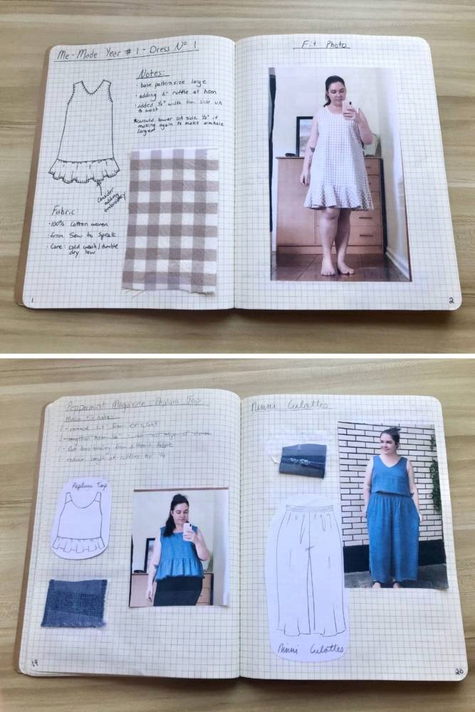 Two 2-page spreads in Sarah's seasonal sewing and knitting project journal. Each page includes the pattern name and notes, a drawing of the clothing item, a fabric swatch, and a photo of Sarah wearing the finished make.