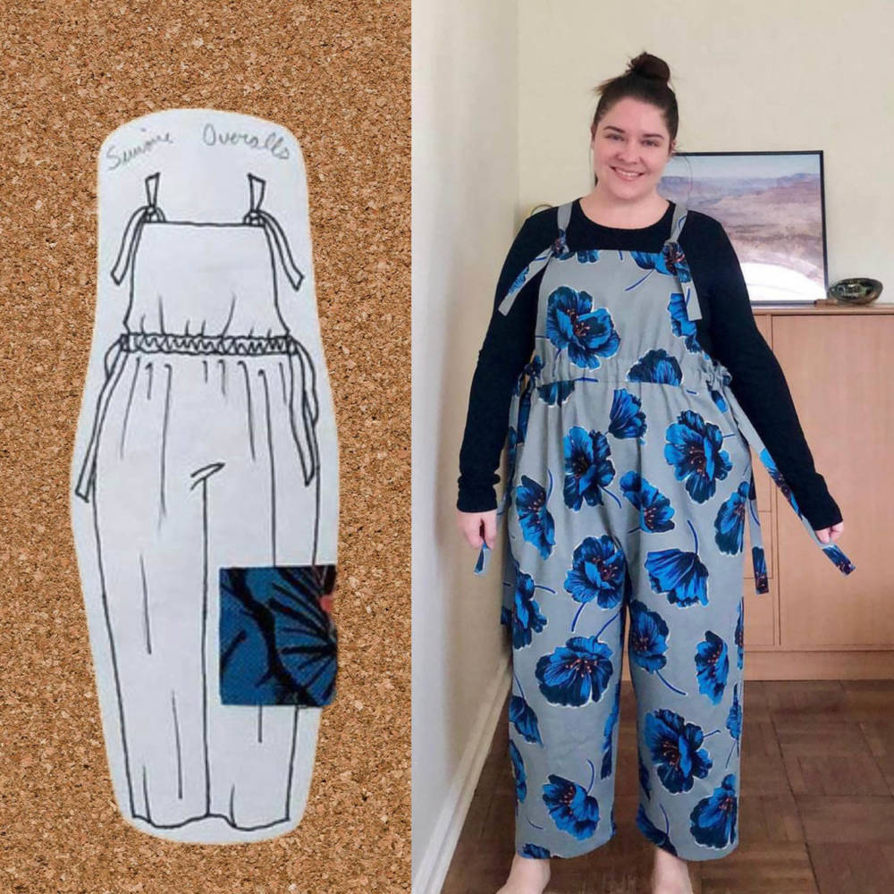 A sketch to finish comparison of a Goldfinch Limited Simone Overalls drawing and a blue floral fabric swatch from Sarah's seasonal sewing and knitting corkboard and a photo of Sarah in the finished make. Sarah sketched her plans using her personal croquis from MyBodyModel.