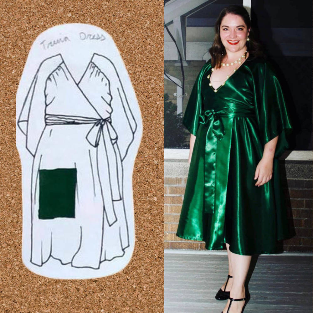 A sketch to finish comparison of a Victory patterns Trina Dress drawing and green fabric swatch from Sarah's seasonal sewing and knitting corkboard and a photo of Sarah in the finished make. Sarah sketched her plans using her personal croquis from MyBodyModel.
