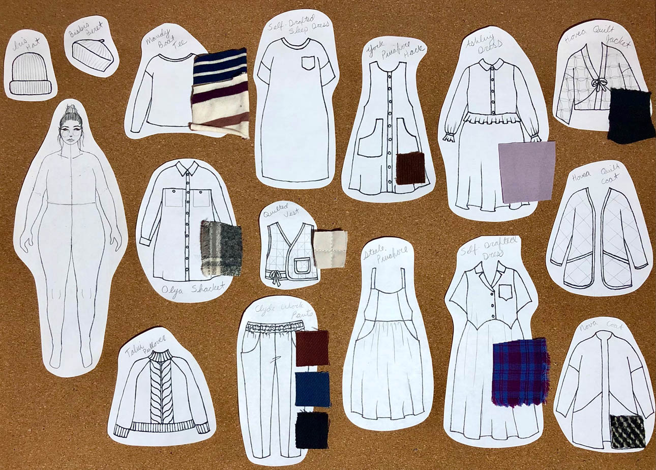 Sarah's seasonal sewing & knitting corkboard with fabric swatches and paper cutouts and drawings of her MyBodyModel croquis and Winter 2022 wardrobe plans.