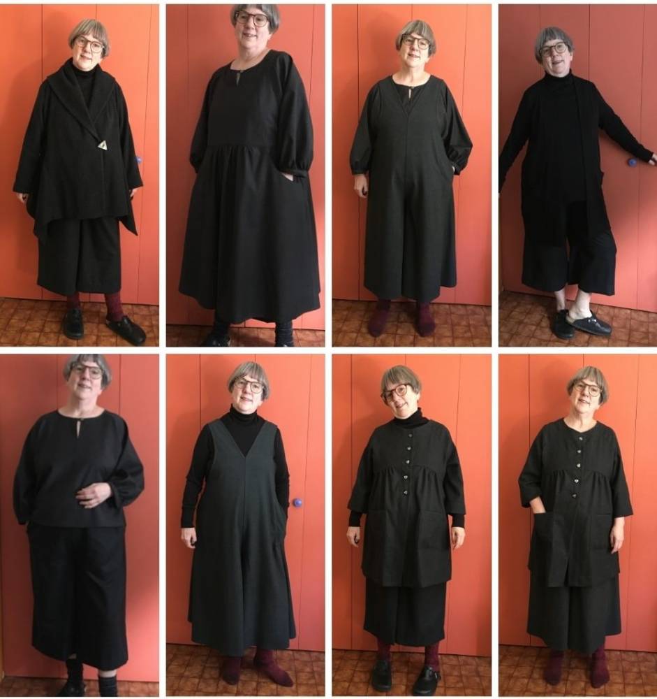 Louisa models her completed Corvid Collection, composed of layered pieces in black and dark fabrics perfect for the cold winter and spring transition months.