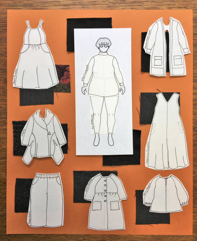 In the process of designing and sewing her capsule wardrobe, Louisa plotted out the garments on paper, complete with fabric swatches and her MyBodyModel croquis centered on the page.