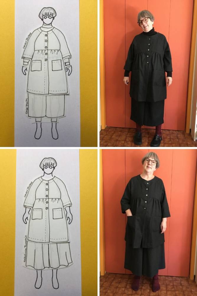 MyBodyModel Sketch to Finished Outfit images of Louisa wearing two outfits: Outfit G - Turtleneck, Glebe Pants, Dover Jacket. Outfit H - Caladium Jumpsuit, Dover Jacket.
