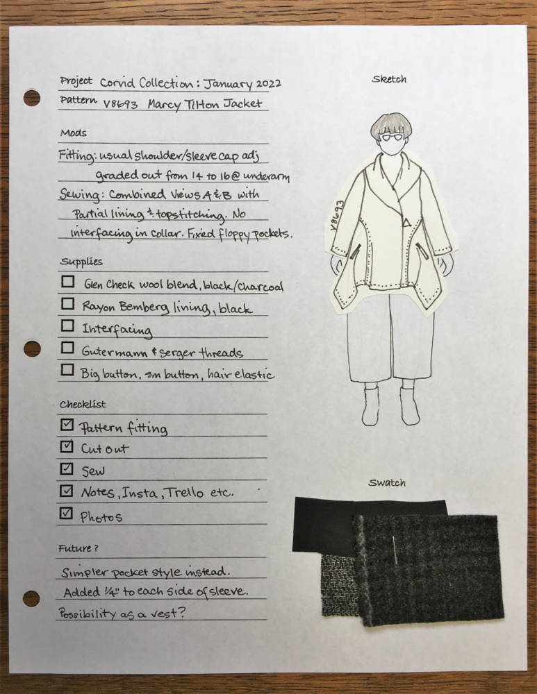 Louisa's me-made sewing planner is a project documentation worksheet with her MyBodyModel croquis sketch, pattern information, modifications, supplies, a checklist for the process, future notes, and fabric swatches to document her designing and sewing process.