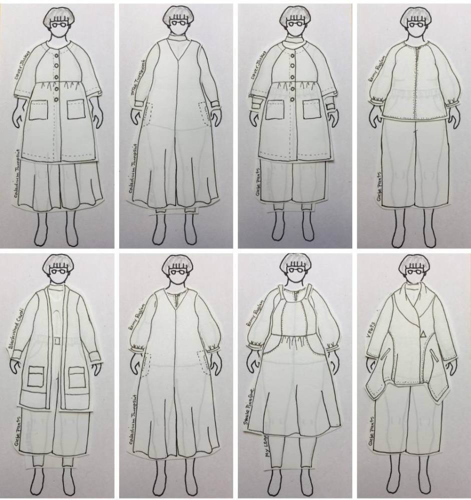 8 layering combinations using 9 garments drawn on Louisa's MyBodyModel croquis, using the paper dolls technique.